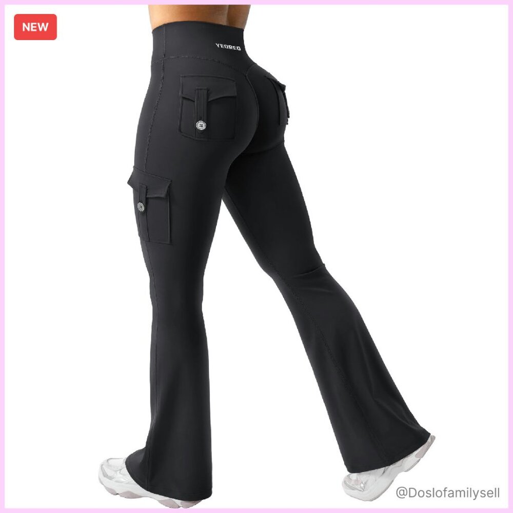 Flare Leggings With Pockets High Waisted Cargo Gym Yoga Workout Activewear